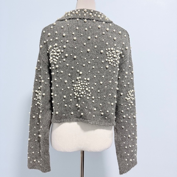 ZARA GREY WOOL ALPACA KNIT CROP CARDIGAN WITH FAUX PEARLS LAPEL COLLAR SIZE S - Picture 4 of 10